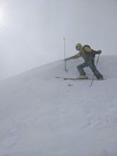 A ski cut triggered this wind slab failure on a small wind-loaded test slope near the summit of Hidden Peak.