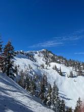 Looking up at the bowl between Talking Mt and Becker. There appeared to be an old large crown that was mostly filled in near the bottom of this bowl. 