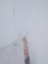 Wind slabs near the summit of Hidden had already reached 6-10 inches in depth 2 hours after the start of the snowfall. 