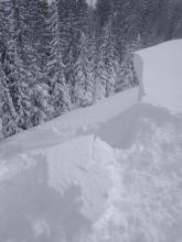 Weak cornices, easy to collapse large segments with a simple ski stomp.