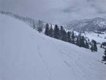 Small test slope failure with wind slab propagation 75' wide.