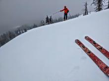 When I stepped out of my skis on the ridge and broke through the rain crust, a cornice failed about 20-30 ft away and triggered another avalanche on a slope that had previously avalanched. 