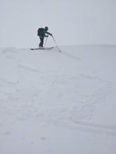 A snowboard kick caused the small cornice above this test slope to fail and when it hit the slope below it triggered this wind slab. 