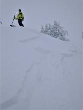 We intentionally triggered two wind slab avalanches on small NE aspect slopes in near treeline terrain. Both were 6 inch slabs of 4F+ over F hard snow.