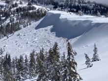 Multiple cornice collapses and wind slab avalanches partially covered by additional storm snow on the far East Ridge.
