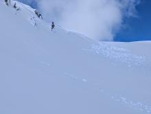 A small wind slab avalanche, where an adjacent ECTP indicated continued instability