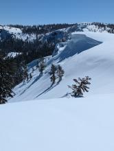 A previous avalanche under a cornice. Most of the debris is downhill in the trees, but it was too firm to walk any closer to the edge to try to get a better photo