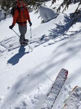 Wind slab cracking at treeline on NE aspect terrain.