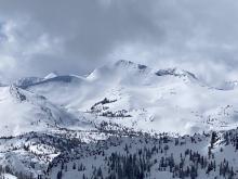 View into Desolation Wilderness for a very impressive snowpack.  Some roller balls and point releases can be seen in the photo.