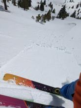 Ski kicks triggered shallow ski width wide sluffs of wet snow at 11:30 am on a SE aspect.