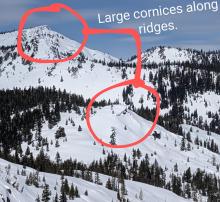 Large cornices along ridges looking towards Frog Lake.