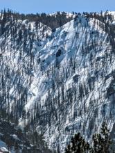 A wet loose avalanche above the Crystal Springs campground. It looks like at least two avalanches that converged