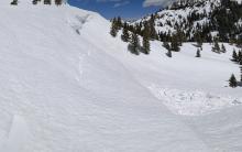 Large cornice collapses in Johnson Canyon that happened between yesterday afternoon and this morning. Cracks are visible on the ridge where the rest of the cornice is seperating from the ridgeline. 