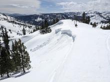 Large cornice collapses in Johnson Canyon that happened between yesterday afternoon and this morning. Water was streaming off the underside of these cornices at 11:30 am today. 
