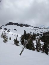 Mid to late morning cloud cover and strong winds above 8000 ft. slowed down the snow surface warming.