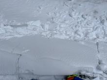 A small slab directly below my ski on a short steep test slope that had been undercut.