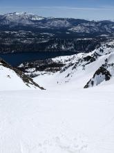 Cathedral Bowl looking in through northern entrance with some older cornice fall and wet loose debris visible.