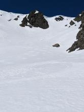 A sizable rockfall event occurred off of the rock buttress in the center top portion of the frame while we were in the lower portion of the bowl.