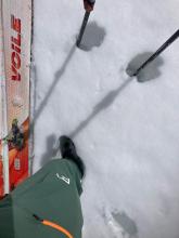 Shin deep boot pen with marginal ski supportability at 11:30am on E aspects.