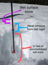 Wet surface snow on top of a weak refreeze layer on top of deep wet snow on an E aspect at 9:30 am.