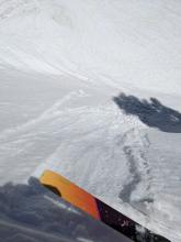 Another small wet loose avalanche triggered by a ski cut above a NE facing slope @ 11:15 am.