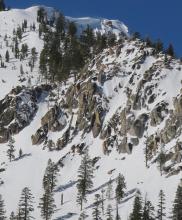 South facing steep rocks lining Echo Bowl at approximately 9:30am.