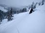 Wind slab avalanche triggered from the lower angle ridge on a N-NE aspect 38 degree slope.