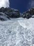 Looking up avalanche debris towards crown.